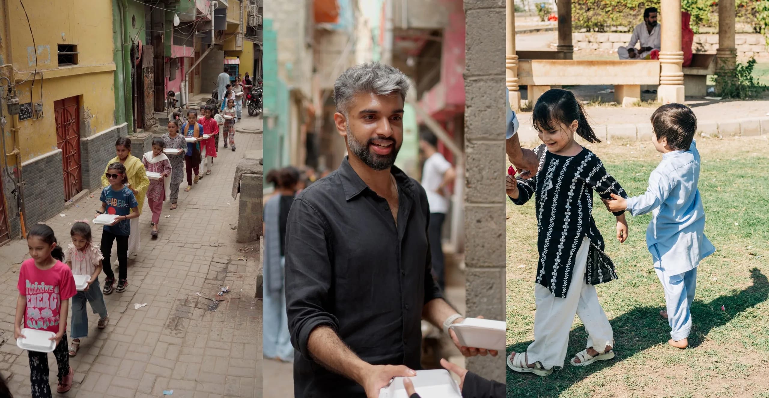 Three scenes from Shukar Hai dawats: children carrying meal boxes down a lane, a volunteer handing out meals in an alley, and two children walking hand in hand at a park distribution